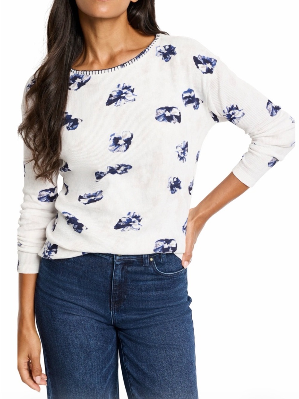 NZT by NIC+ZOE Stamped Floral Long Sleeve Waffle Knit Top